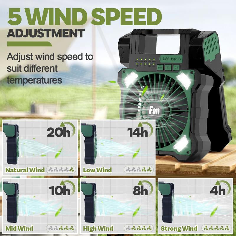 12000mAh Dual-Panel Solar Camping Fan with LED & USB-C – 5-Speed Portable Fan