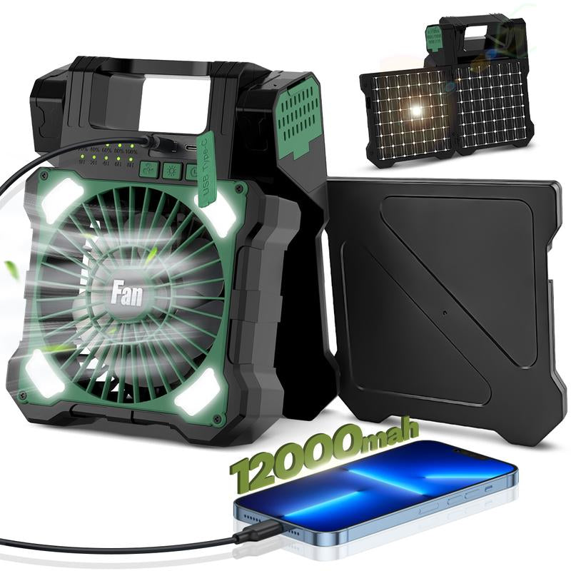 12000mAh Dual-Panel Solar Camping Fan with LED & USB-C – 5-Speed Portable Fan