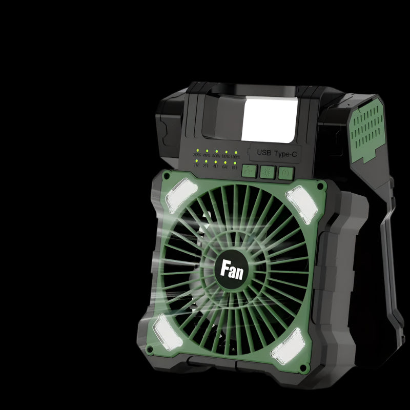 12000mAh Dual-Panel Solar Camping Fan with LED & USB-C – 5-Speed Portable Fan